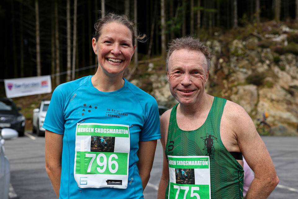 Margunn Bye Tøsdal og Frode Oldervoll var de aller raskeste gjennom maratondistansen i Bergen Skogsmaraton. (Alle foto: Arne Dag Myking) Margunn Bye Tøsdal og Frode Oldervoll