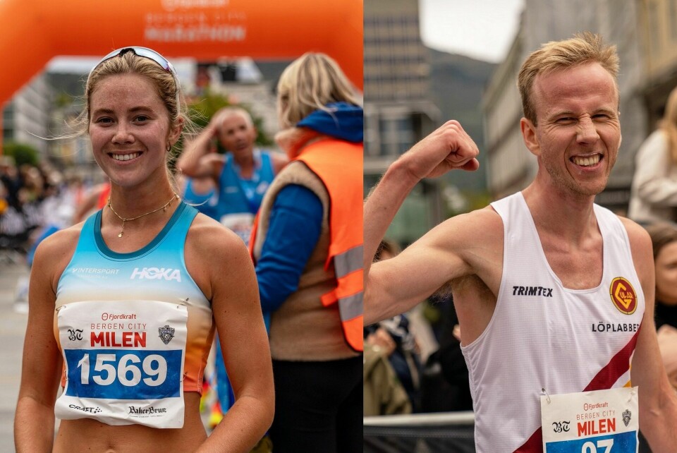 Årets totalvinnere av Bergen City Milen, Kristine Lande Dommersnes og Sindre Solbakken Omvik. (Foto fra arrangørens facebookside) Årets totalvinnere av Bergen City Milen, Kristine Lande Dommersnes og Sindre Solbakken Omvik. (Foto fra arrangørens facebookside)