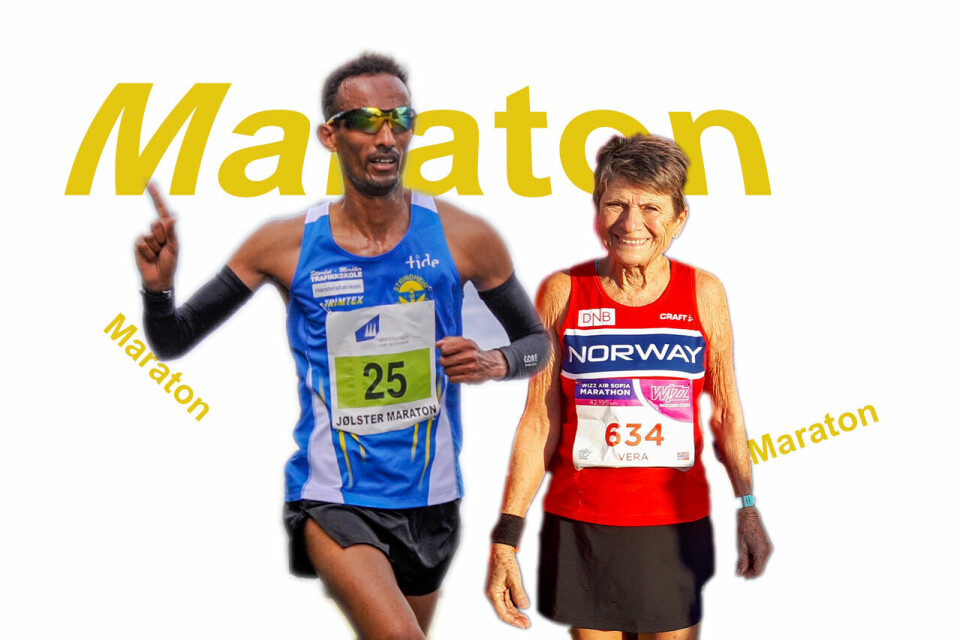 Ebrahim Abdulaziz og Vera Nystad topper maratonstatistikken for 2021 når vi justerer for alder. Men Ebrahim vant tross alt fjorårets NM i maraton. (Fotomontasje: Arne Dag Myking) Ebrahim Abdulaziz og Vera Nystad topper maratonstatistikken for 2021 når vi justerer for alder. Men Ebrahim vant tross alt fjorårets NM i maraton. (Fotomontasje: Arne Dag Myking)