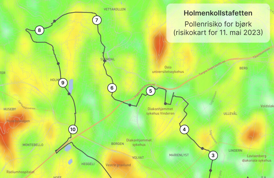 Det er en god del lokale forskjeller hva pollenmengde i lufta angår, sjøl innafor et geografisk begrensa område som Oslo. (Kart, bilde: airmine) Det er en god del lokale forskjeller hva pollenmengde i lufta angår, sjøl innafor et geografisk begrensa område som Oslo. (Kart, bilde: airmine)