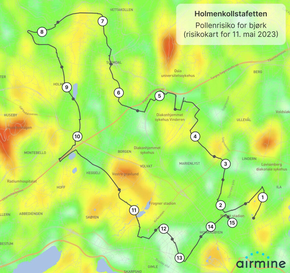 Hvilke etapper bør pollenallergikere velge i Holmenkollstafetten? Kart-Holmenkollsgafetten.jpg