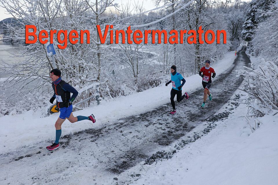 På denne tiden kan man ikke forvente snøfrie løpstraseer. Maraton er en utendørsidrett, tross alt. (Foto: Arne Dag Myking) Bergen Vintermaraton