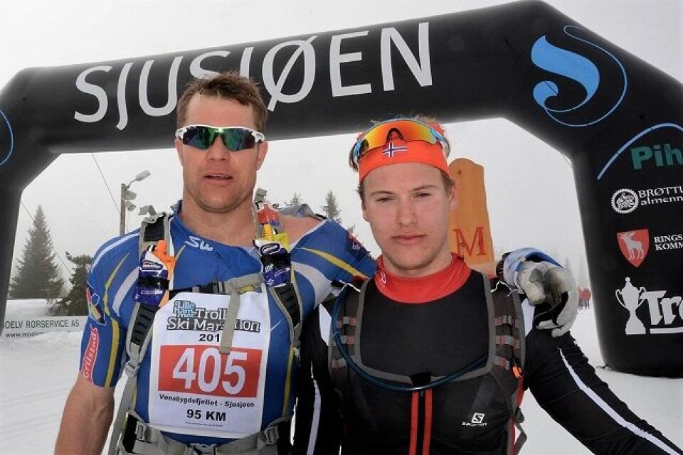 15 sekunder skilte de to beste, Håvard Hansen (til v.) og Kjetil Tyrom, etter 95 km i motvind og på tungt føre lørdag. (Arrangørfoto) 15 sekunder skilte de to beste, Håvard Hansen (til v.) og Kjetil Tyrom, etter 95 km i motvind og på tungt føre lørdag. (Arrangørfoto)