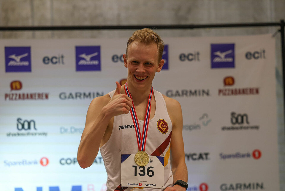 Johannes Teigland overrasket både seg selv og alle andre med å bli norgesmester på 1500 meter innendørs. (Alle foto: Samuel Hafsahl) null
