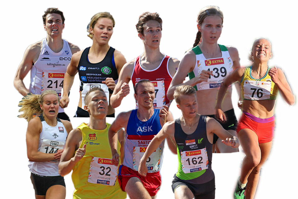 Noen av dem som vi tror vil bli juniornorgesmester i helgen: Sondre Juven, Kristine Lande Dommersnes, Didrik Hexeberg Warlo, Emma Kirkeberg Mørk, Eilén Brenne. Nederst: Malin Edland, Luca Thompson, Marius Sørli og Sigurd Tveit. (Fasit: av personene på dette bildet ble følgende IKKE norgesmester: Sondre Juven (deltok ikke), Emma Kirkeberg Mørk (6. plass 3000m), Malin Edland (2. plass 1500m), Luca Thompson (2. plass 800m)) Noen av dem som vi tror vil bli juniornorgesmester i helgen: Sondre Juven, Kristine Lande Dommersnes, Didrik Hexeberg Warlo, Emma Kirkeberg Mørk, Eilén Brenne. Nederst: Malin Edland, Luca Thompson, Marius Sørli og Sigurd Tveit. (Fasit: av personene på dette bildet ble følgende IKKE norgesmester: Sondre Juven (deltok ikke), Emma Kirkeberg Mørk (6. plass 3000m), Malin Edland (2. plass 1500m), Luca Thompson (2. plass 800m))