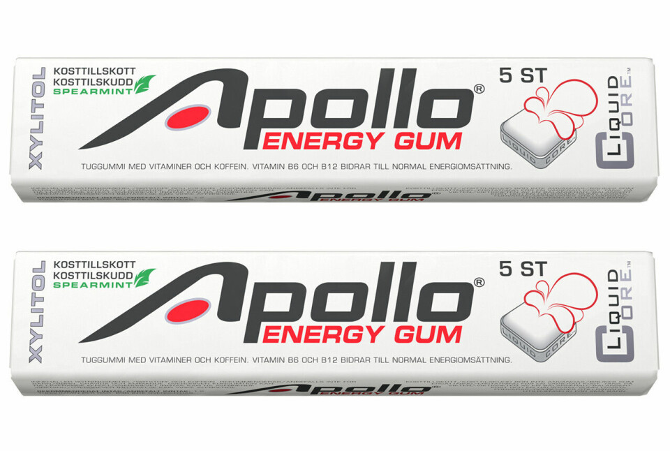 Apollo Energityggegummi inneholder 80 mg koffein - noe som tilsvarer ca. 2 dl kokemalt kaffe eller 250 ml Red Bull. (Foto: produsenten) Apollo Energityggegummi inneholder 80 mg koffein - noe som tilsvarer ca. 2 dl kokemalt kaffe eller 250 ml Red Bull. (Foto: produsenten)