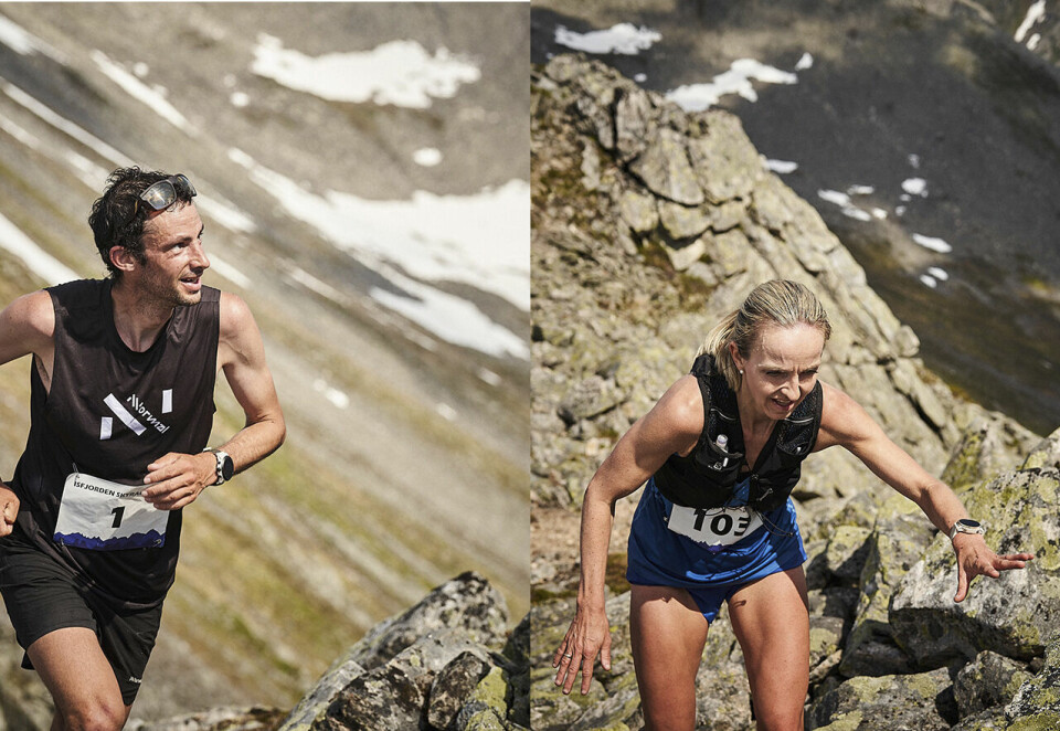 Kilian Jornet og Anita Iversen Lilleskare var raskest gjennom den luftige langløypa i Isfjorden Skyrace. (Foto: arrangøren) Kilian Jornet og Anita Iversen Lilleskare var raskest gjennom den luftige langløypa i Isfjorden Skyrace. (Foto: arrangøren)