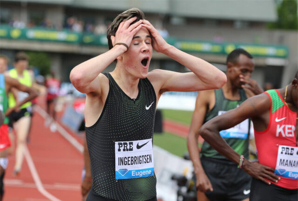 Jakob Ingebrigtsen så like etter målgang knapt ut til å tro det som hadde skjedd. (Foto: arrangøren) Jakob Ingebrigtsen så like etter målgang knapt ut til å tro det som hadde skjedd. (Foto: arrangøren)