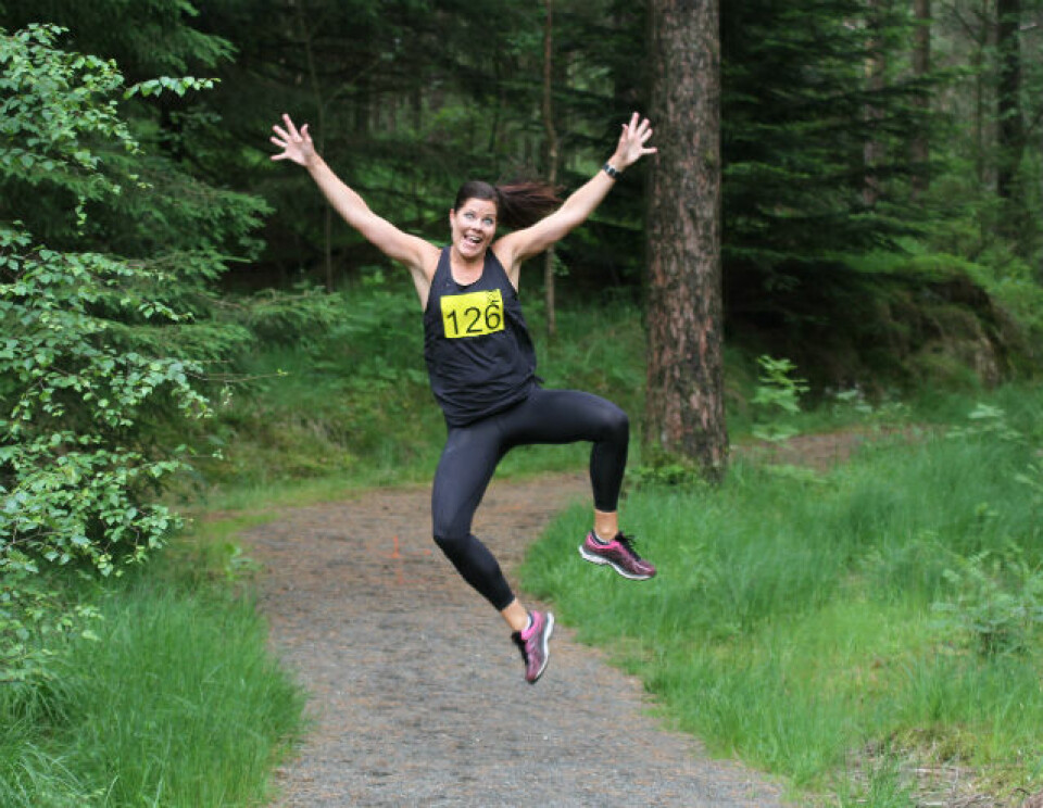 Kristi Leidland Larsen viser ekte idrettsglede i vårens siste terrengløp i Egersund. Foto: Thomas Hetland. Kristi Leidland Larsen viser ekte idrettsglede i vårens siste terrengløp i Egersund. Foto: Thomas Hetland.