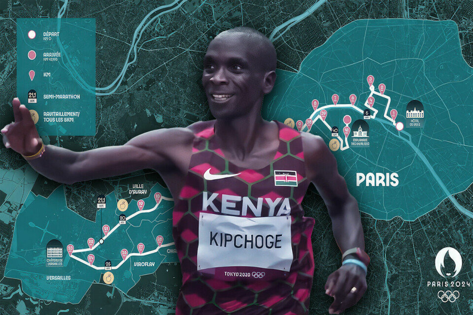 Det er en uvanlig tøff maratonløype som venter Eliud Kipchoge og de andre maratonløperne i Paris. (Illustrasjon: Tom-Arild Hansen) Det er en uvanlig tøff maratonløype som venter Eliud Kipchoge og de andre maratonløperne i Paris. (Illustrasjon: Tom-Arild Hansen)