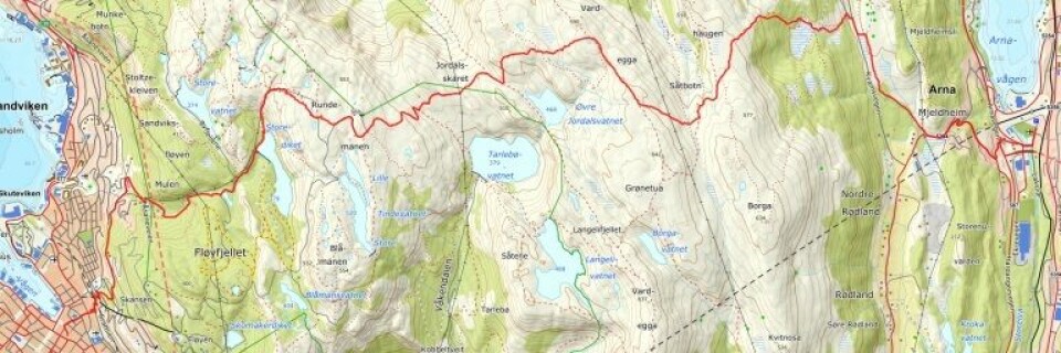 Løypen som ble løpt fra Arna til Bergen. Det ble gjort noen endringer for å slippe den bratte stien ned til Storediket.